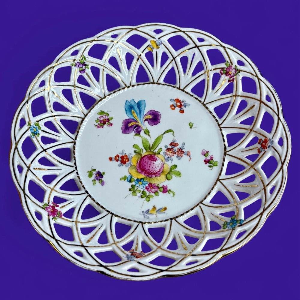 R. L. Dresden Floral Fruit Bowl 10" Reticulated Numbered Collector Hand Painted